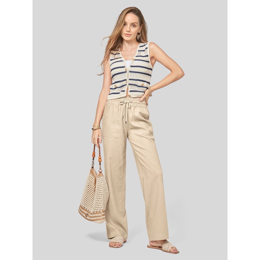 Willit Linen Blend Pants‎ Women's Large Wide Leg Relaxed Fit Drawstring Beige